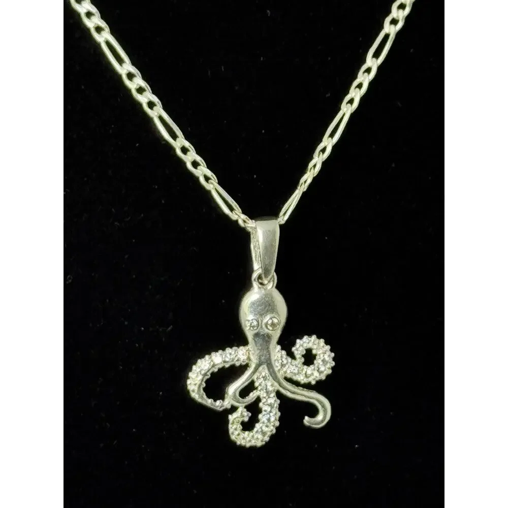 Sterling Silver Octopus Pendant Necklace 23 Inch Figaro Chain 925 CZ Accents